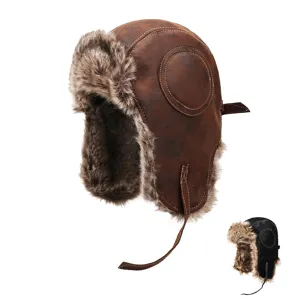 Winter winddichte Leder-Trapper-Mütze mit warmen Kunstfell-Ohrklappen für Damen und Herren.