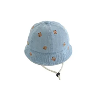 Kids cute denim bucket hat with bear embroidery windproof baby fisherman hat main view