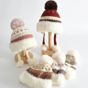 Bonnet Tricoté Épais d'Hiver Pour Enfants Avec Cache-Oreilles Pompon Doublé De Polaire Bonnet En Laine Chaud Pour Garçons Filles