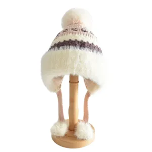 Bonnet tricoté chaud d'hiver pour enfants avec cache-oreilles et pompons, doublure polaire.