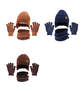 Conjunto de gorro de punto de invierno, bufanda y guantes táctiles para hombre, cálido.