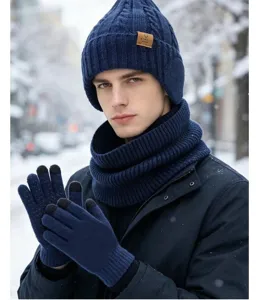 Conjunto de gorro de invierno de punto, bufanda y guantes táctiles para hombre, forro polar.