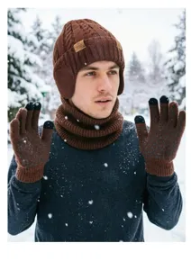 Conjunto de gorro de punto térmico de invierno, bufanda de cuello y guantes táctiles hombre.