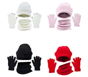 Vue detaillee de l'ensemble bonnet d'hiver, echarpe et gants tactiles en diverses couleurs.