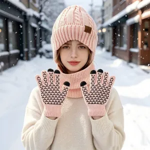 Conjunto de gorro bufanda y guantes táctiles de punto rosa, ropa de invierno cálida mujer.