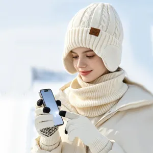 Conjunto de gorro bufanda y guantes táctiles de punto de invierno para mujer cálido.