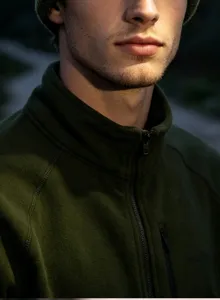 Detail groen fleece jas voor heren, thermische outdoorjas met opstaande kraag en zak.
