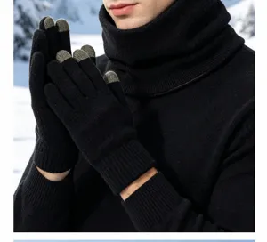 Gants tactiles tricotés chauds d'hiver pour hommes, vue détaillée des gants thermiques noirs.