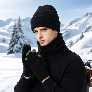 Ensemble bonnet d'hiver écharpe et gants tactile tricotés thermiques pour temps froid.