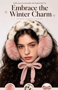 Fluffy faux fur earmuffs with stylish knit tie, perfect winter warm ear cover detail view.