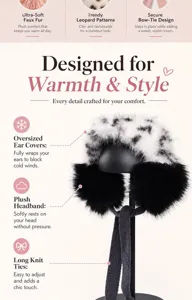 Detailed view of plush winter earmuffs featuring soft faux fur and warm leopard print.