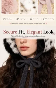 Close-up detail of plush leopard winter earmuffs with adjustable knit tie for cozy warmth.