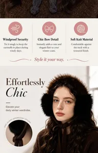 Winter plush earmuffs detail view featuring soft knit material and windproof bow design.