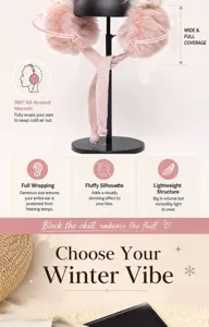 Pink plush earmuffs detail view featuring 360-degree warm coverage and fluffy silhouette.