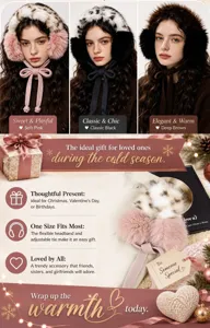 Winter plush earmuffs with knit ties and leopard print, cozy and stylish for cold weather.