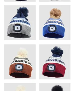 Unisex knit beanie winter warm hat with built-in rechargeable LED light and fluffy pom pom.