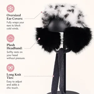 Winter plush earmuffs for men and women, leopard print warm ear warmer with long knit ties.