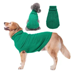 Détail pull pour chien en maille torsadée verte, vêtement d'hiver confortable pour animaux.