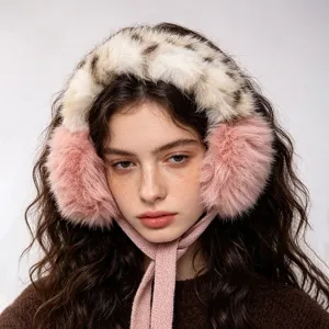 Winter fluffy earmuffs with leopard print top band and soft pink plush ear covers for warmth.