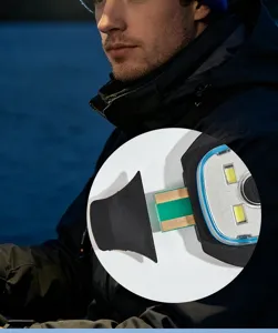 Detailed view of clip-on LED cap light showing bright illumination chips and secure mounting clip.
