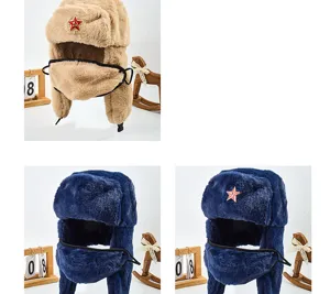 Inverno spesso peluche ushanka cappello con distintivo sovietico paraorecchie caldi antivento