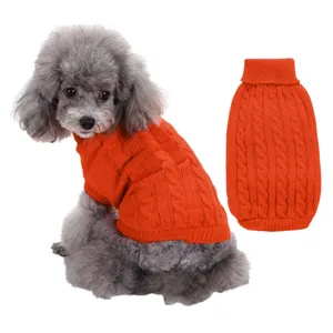Pull chien maille torsadée orange col haut, vêtement hiver chaud pour animal compagnie.
