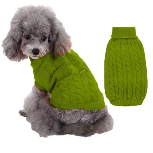 Détail pull pour chien en tricot torsadé vert, vêtement chaud pour animal à col roulé.