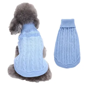 Joli pull tricoté bleu pour chien col roulé hiver chaud vêtement chiot vue détaillée