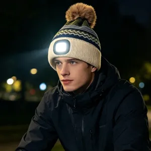 Unisex Winter Warm Knit Beanie Hat LED Rechargeable Headlight Pom Pom Wave Stripe Cuff Hat Outdoor Night Lighting Cap