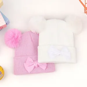 Mignon bonnet tricoté bébé hiver chaud double pompon nœud mignon tout-petit nouveau-né chapeau