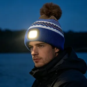 Unisex knitted beanie hat with built-in LED headlamp rechargeable winter warm woolen cap outdoor