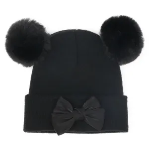 Bonnet tricoté d'hiver pour bébé avec deux pompons et nœud mignon, bonnet chaud noir
