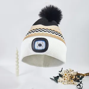 LED knitted winter beanie hat for men and women warm fleece pom pom ski cap outdoor lighting