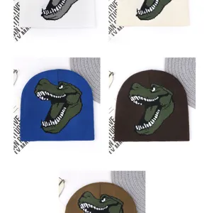 Winter knitted beanie hat featuring a cool dinosaur graphic design, warm and stylish streetwear.