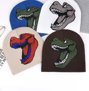 Winter warm knitted beanie hat with cool dinosaur graphic design, comfortable casual streetwear cap.