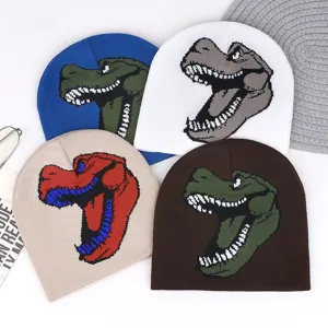 Winter dinosaur knit beanie hat, warm pull-over cap for outdoor casual wear, 4 colors available.
