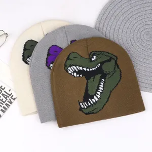Winter dinosaur knit beanie hat for men and women, warm outdoor pullover caps stylish.