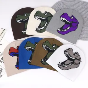 Winter warm knitted beanie hat with pixel dinosaur embroidery casual stylish cap for men women.