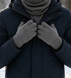 Gants d'hiver tactiles en tricot gris, accessoire de mode pour hommes par temps froid.