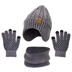 Conjunto gorro bufanda guantes invierno cálido forro polar gorro gris táctil para hombres