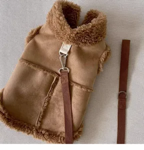 Warm pet vest with leash detail, brown faux suede and cozy fleece lining for small dogs cats.