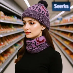 Christmas knitted pom pom beanie hat and neck warmer scarf set for women winter warm