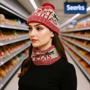 Christmas knitted hat and scarf set for women, warm winter beanie with pom pom.