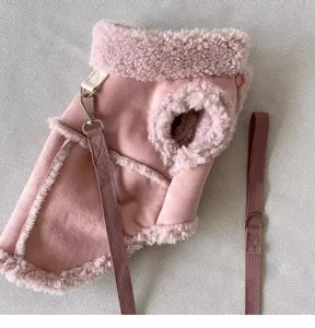 Pink plush warm pet vest with leash for small dogs and cats winter autumn daily wear