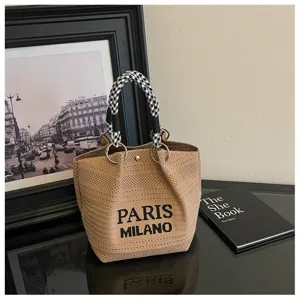 Elegante borsa a mano in maglia con manico decorato, borsa a secchiello alla moda per uso quotidiano.