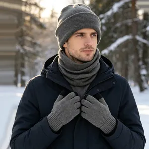 Hiver Chaud Bonnet en Tricot Écharpe Et Gants Ensemble Couleur Unie Bonnet Tour de Cou Gants Tactiles Pour Adultes Hommes Et Femmes