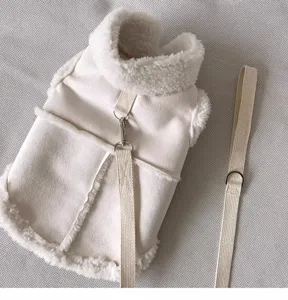 Close-up detail of the cozy fleece pet vest and matching leash strap for small dogs and cats.