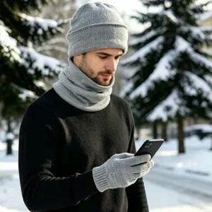 Ensemble bonnet echarpe gants tactile homme hiver gris vetement thermique exterieur