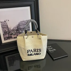Borsa a secchiello in maglia con manico pied de poule, borsa chic intrecciata da donna.