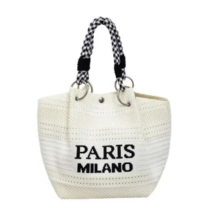 Borsa a secchiello intrecciata a maglia con manico pied de poule e lettere Paris Milano per donne.